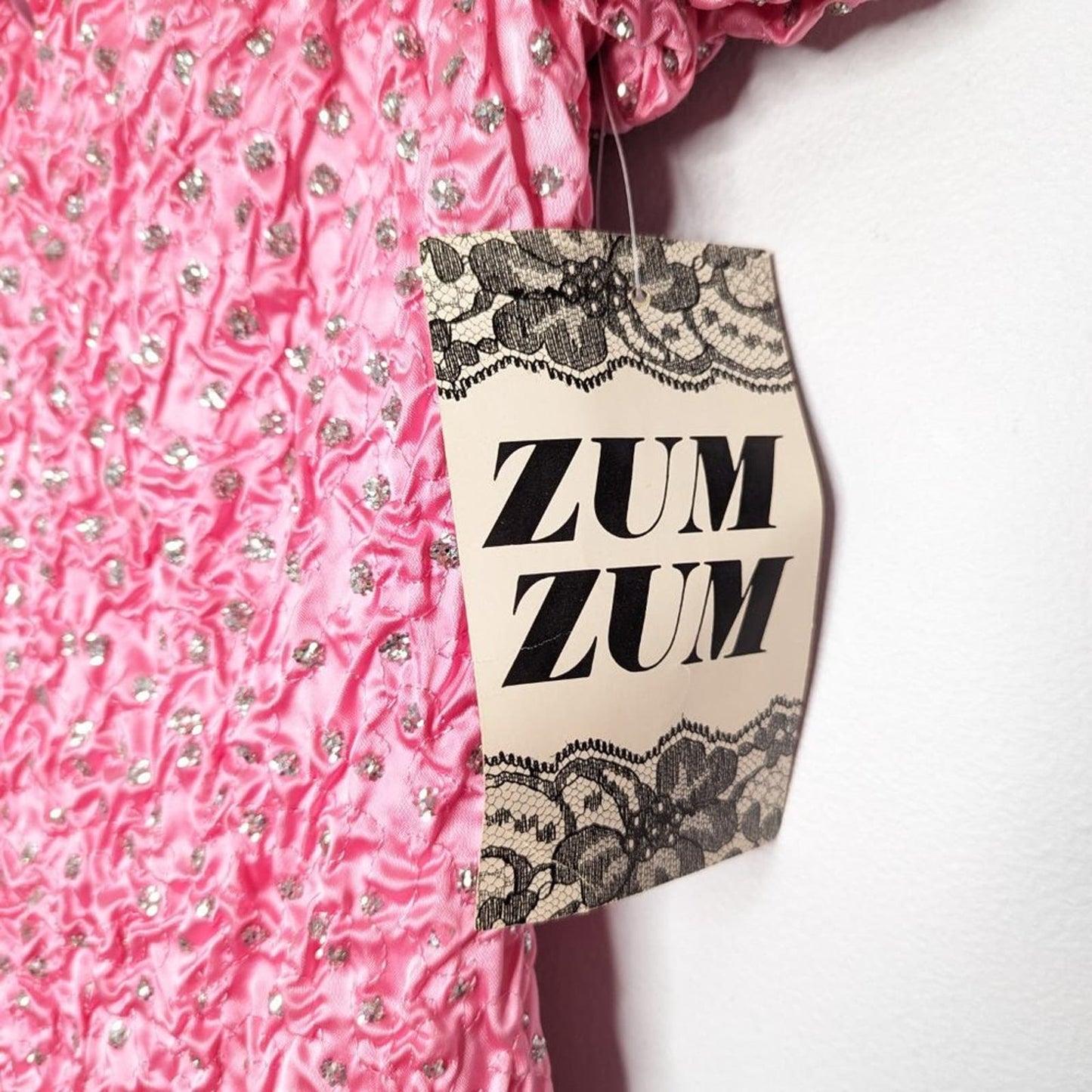 Vintage Zum Zum Pink Off The Shoulder Mini Ruched Silver Glitter Sweetheart Neck