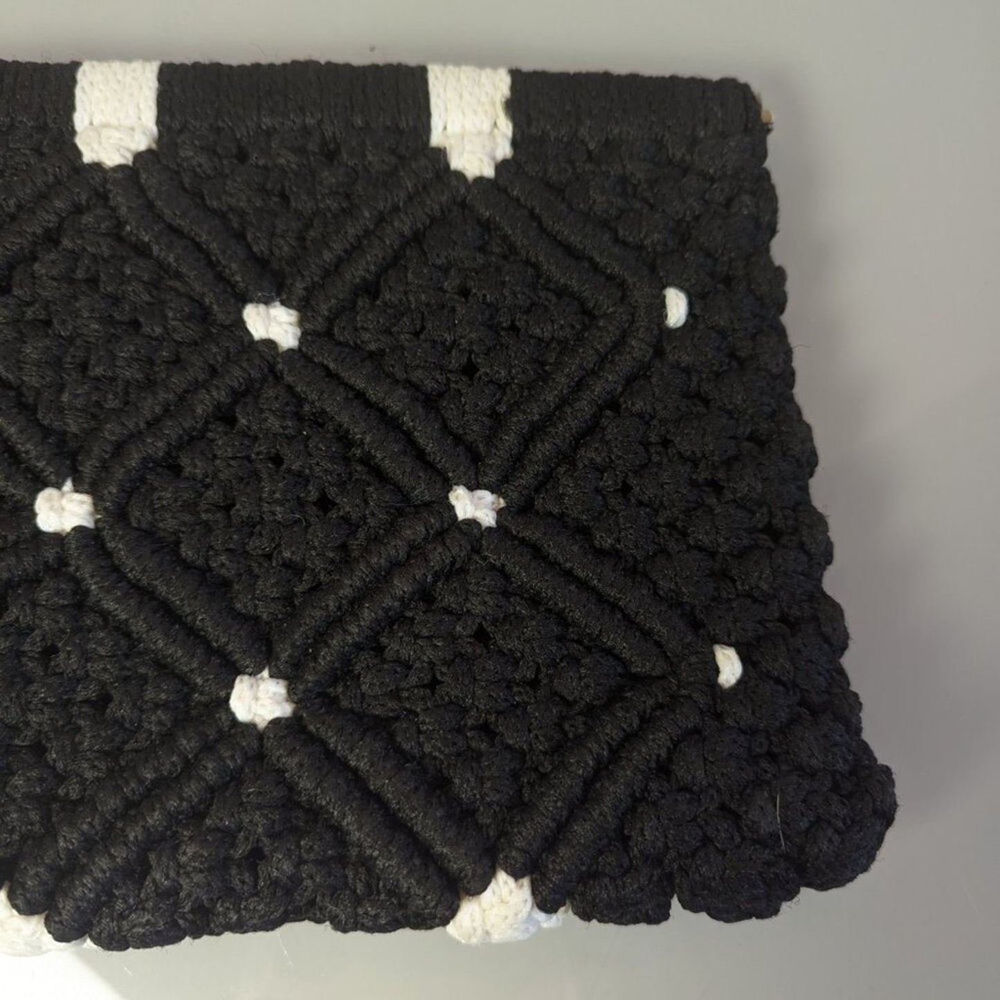 Vintage 1960's Black White Macrame Framed Clutch Bag Crochet