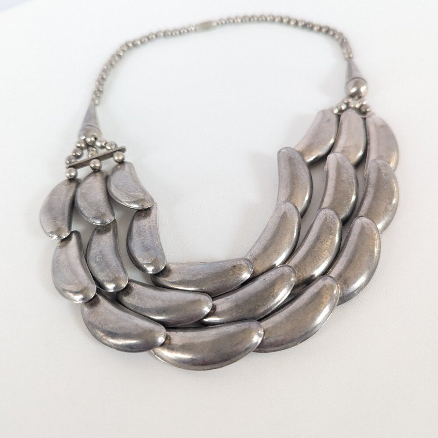 Vintage Statement Bib Necklace Triple Strand Silver-Tone Crescent Link