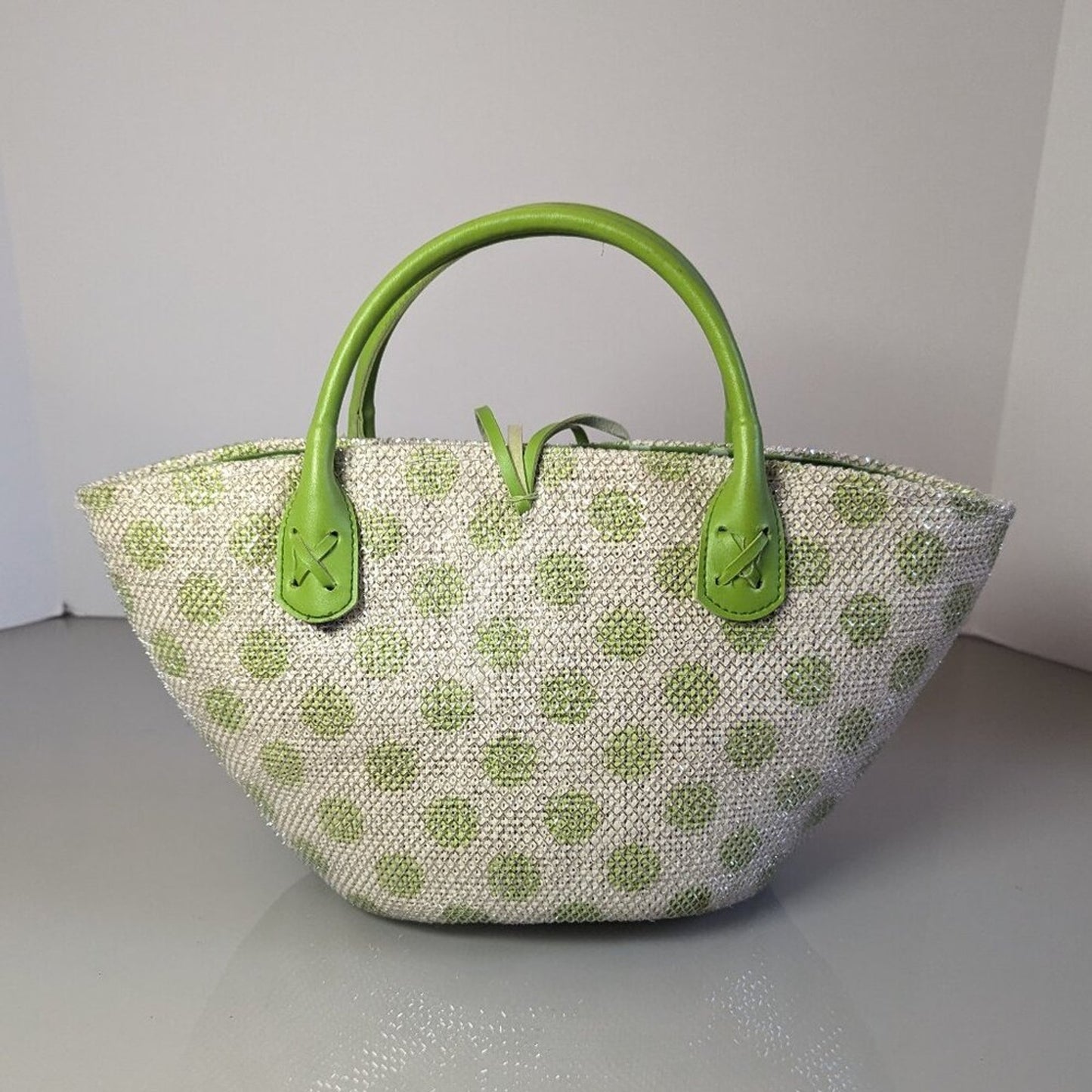 Acorn Green Polka Dot Double Handle Bag Silver Mesh Overlay Button Detail