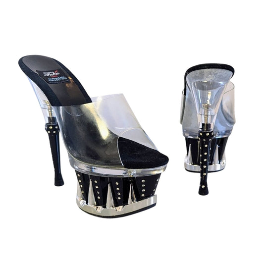 Y2K Tabu Chrome Black Shark Platform Stiletto Stripper Heels Rhinestone Studs 8