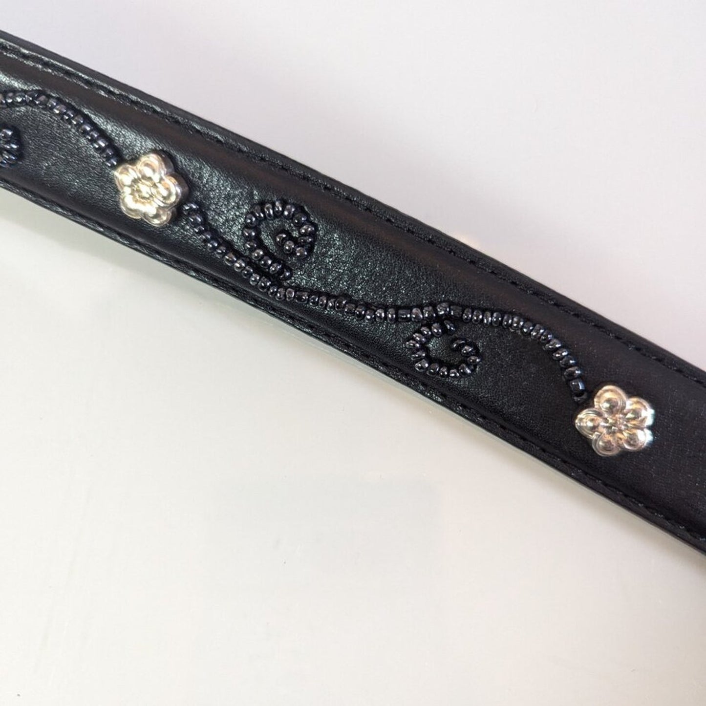 Brighton Black Leather Beaded Belt Silver Flower Studs Embossed Buckle