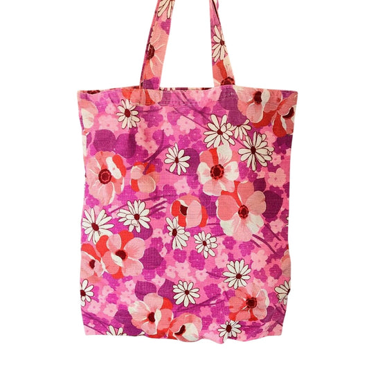 Bright Pink Floral Poppy Daisy Retro Print Fabric Tote Bag Unbranded