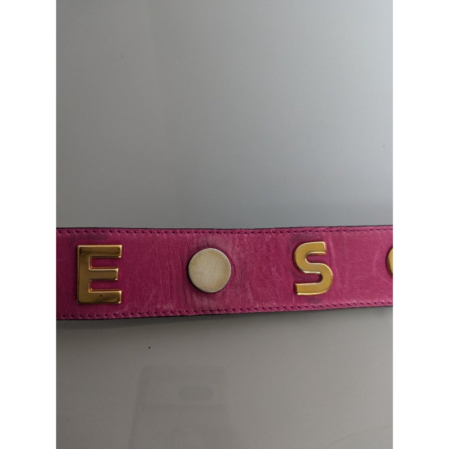 Escada Vintage Hot Pink Leather Belt Gold Tone Studded "Escada" Lettering