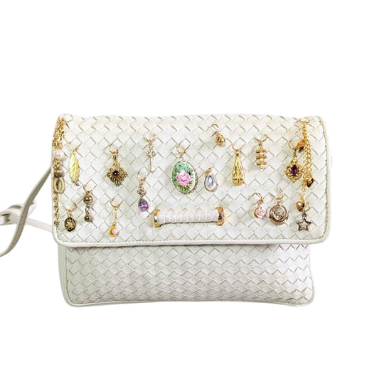 Vintage Cream Woven Ganson Crossbody Bag Upcycled Jewelry Charms Hearts Flowers