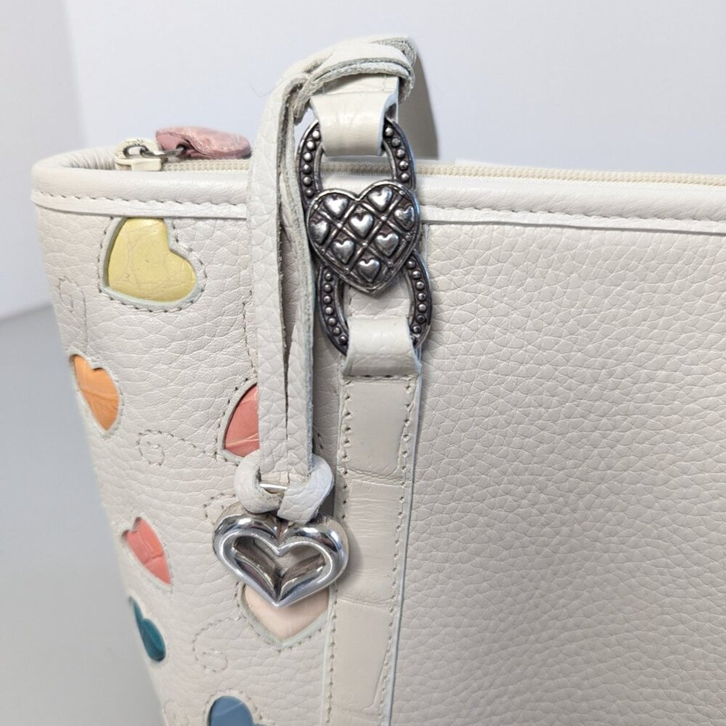 Brighton Ivory Fresca Colorful Hearts Shoulder Bag Pebbled Leather Pastel Hearts