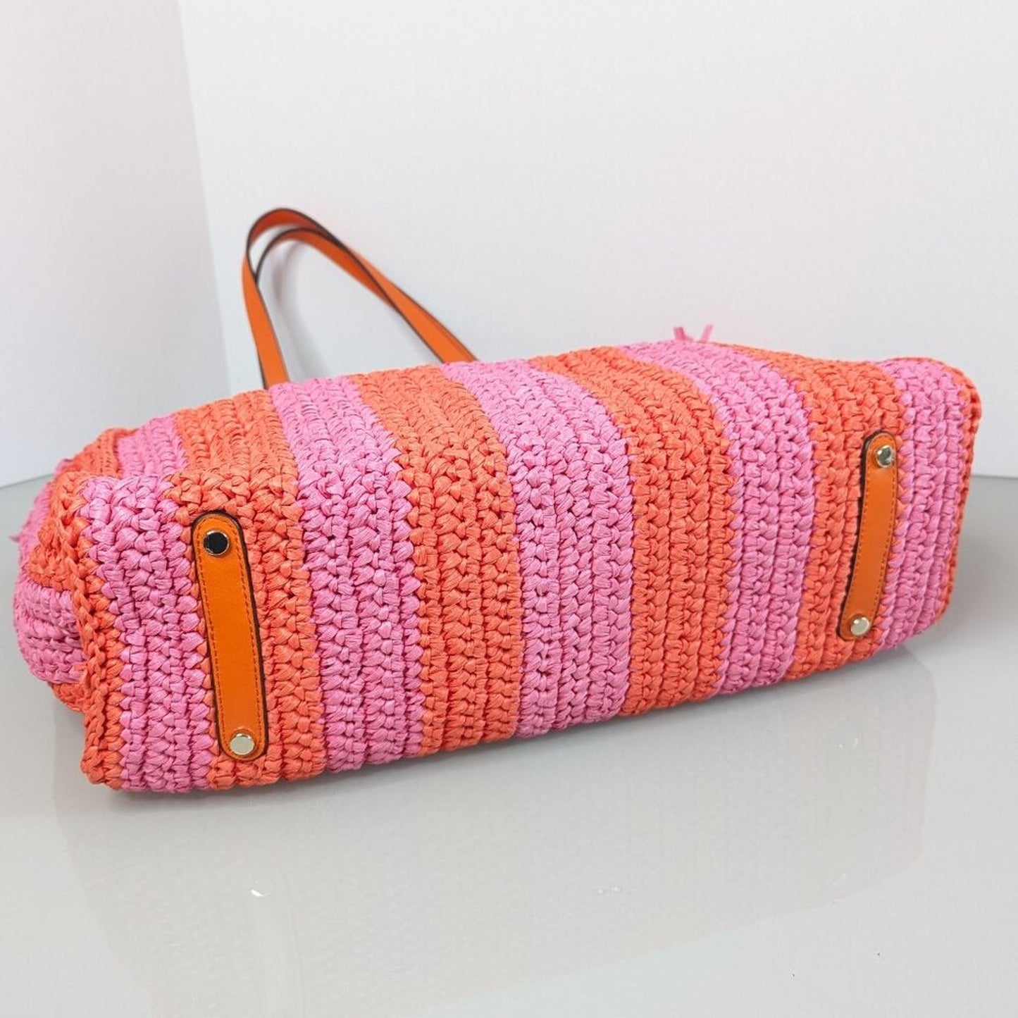 Kate Spade New York Pink Orange Sam Stripe Straw Large Tote Bag Woven Beach