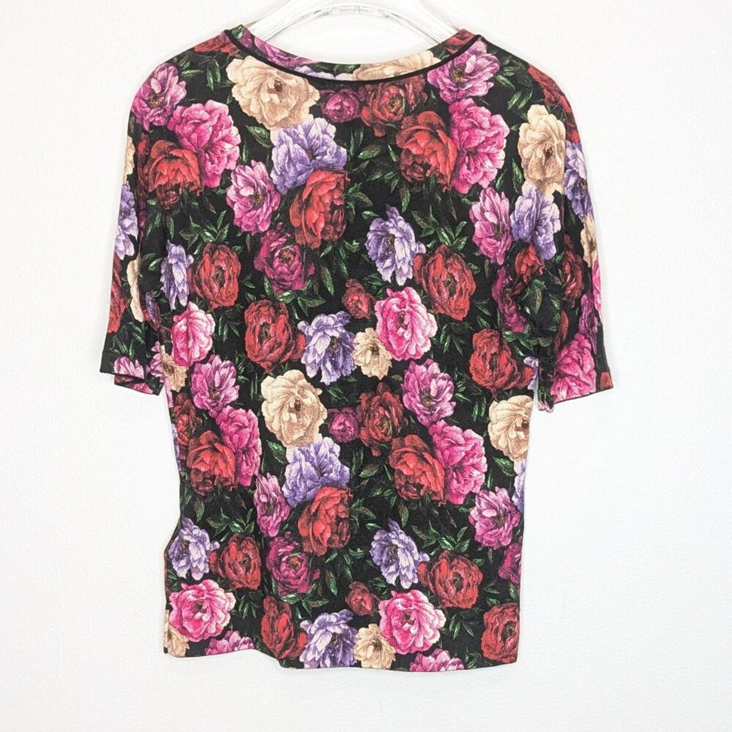 Escada Pink Floral Rose Print Short Sleeve Knit Top Wool Silk NWT Size M