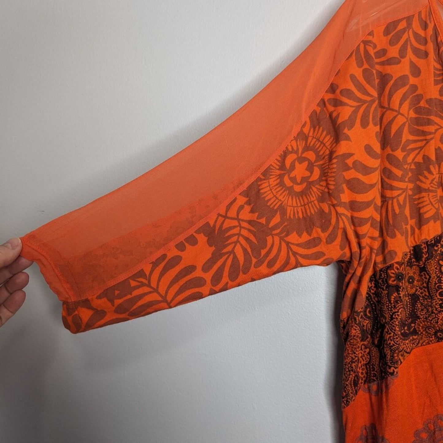 Language Orange Deep V-Neck Paisley Print Boho Blouse Semi Sheer Sleeve Size L