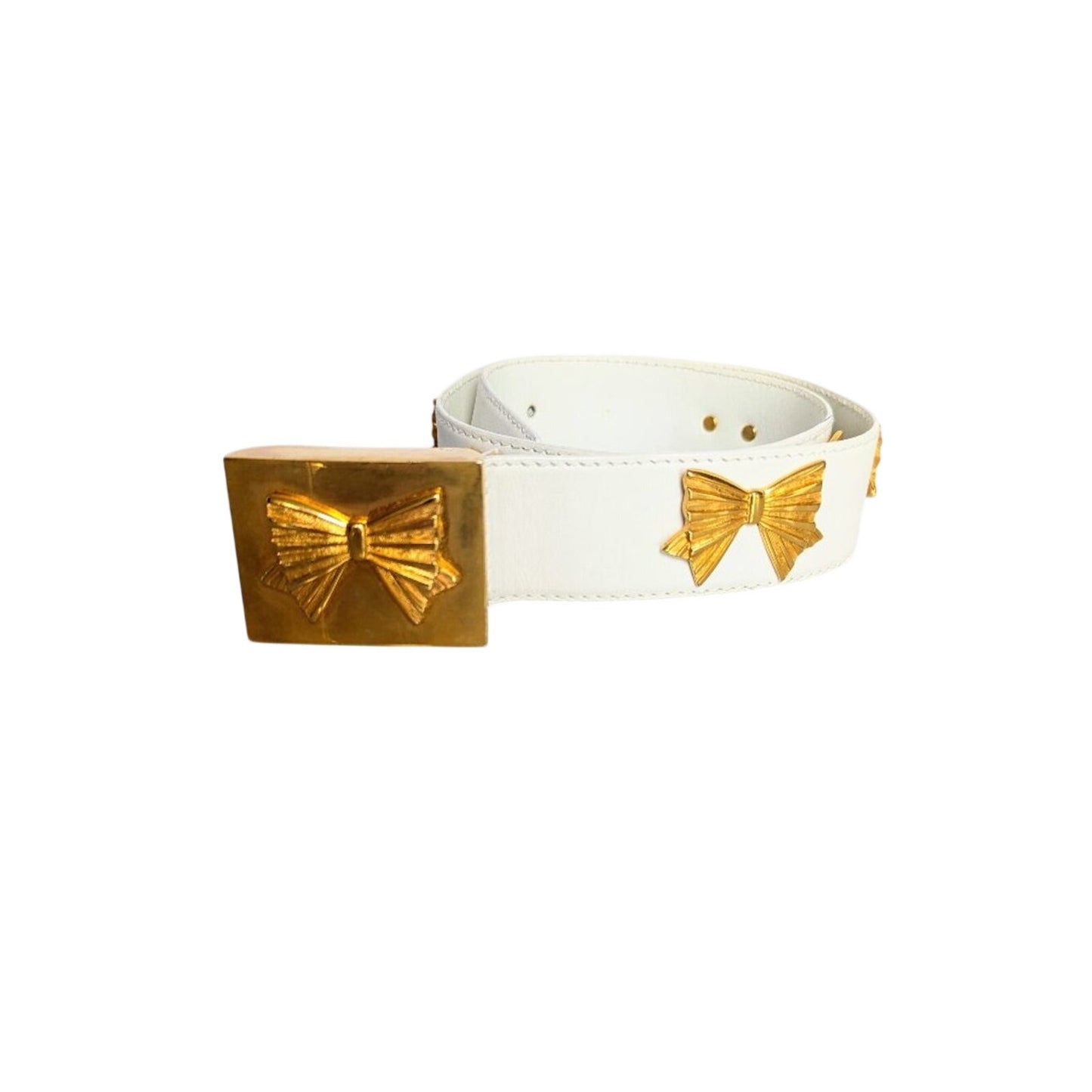 Escada Vintage White Leather Belt Gold Tone Bow Studs Bow Belt Buckle