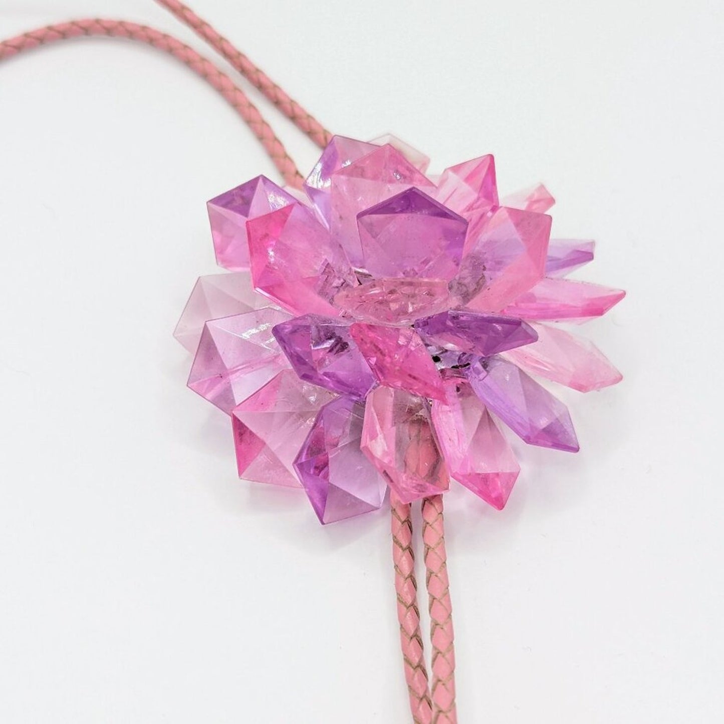 Repurposed Handmade Pink Purple Lucite Star Bolo Neck Tie Quartz Crystal Accent