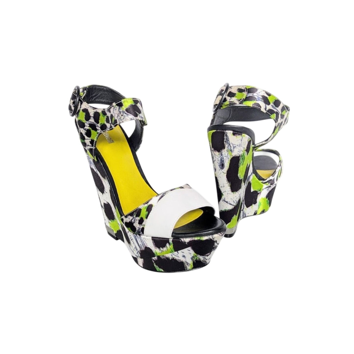 Just Cavalli Y2K Neon Black White Animal Print Open Toe Wedge Heels Size 38