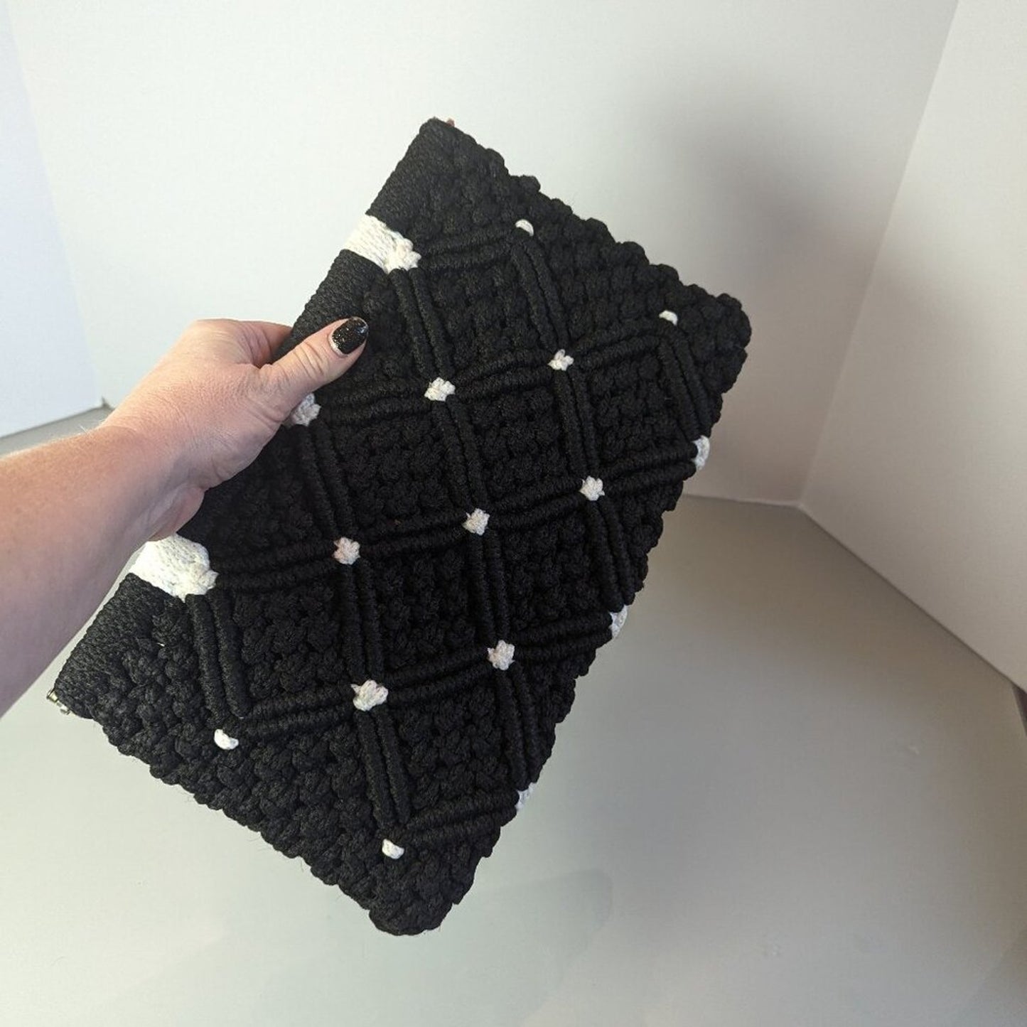 Vintage 1960's Black White Macrame Framed Clutch Bag Crochet