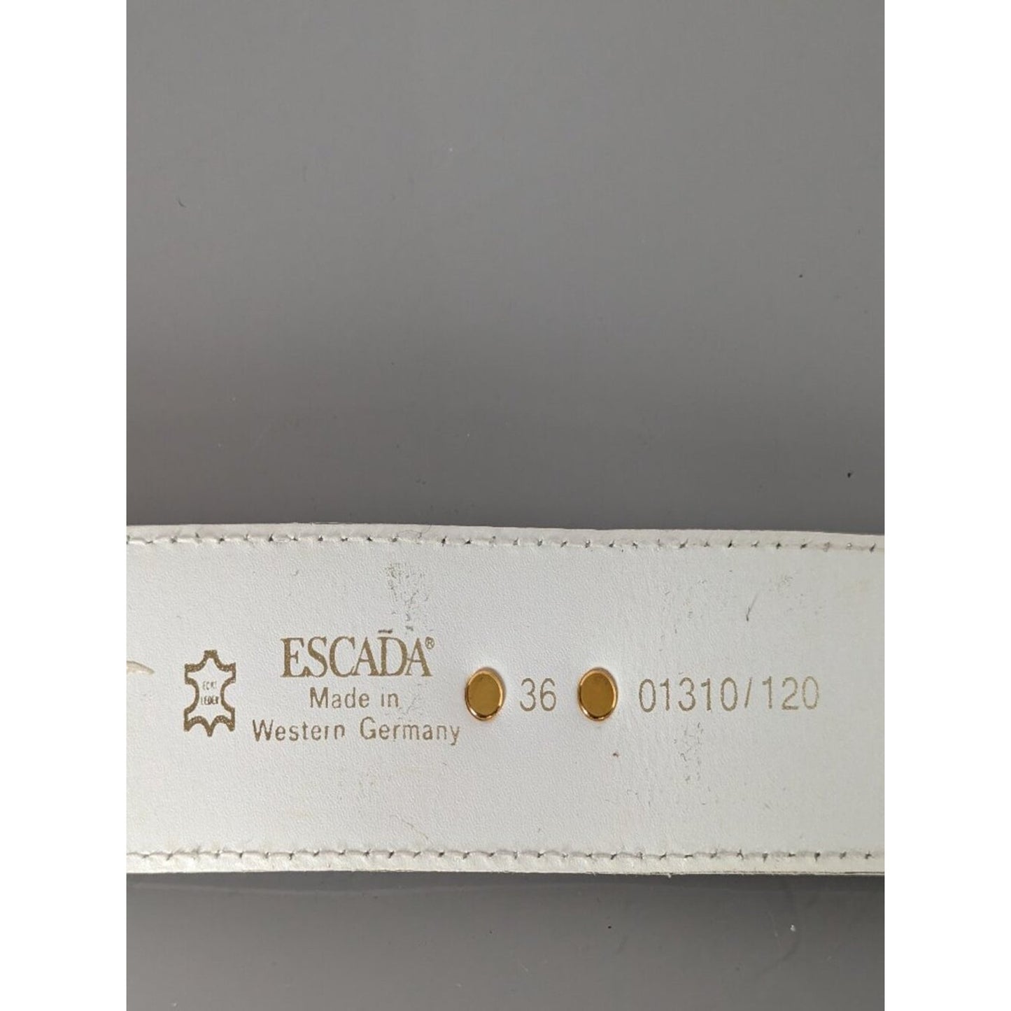 Escada Vintage White Leather Belt Gold Tone Bow Studs Bow Belt Buckle