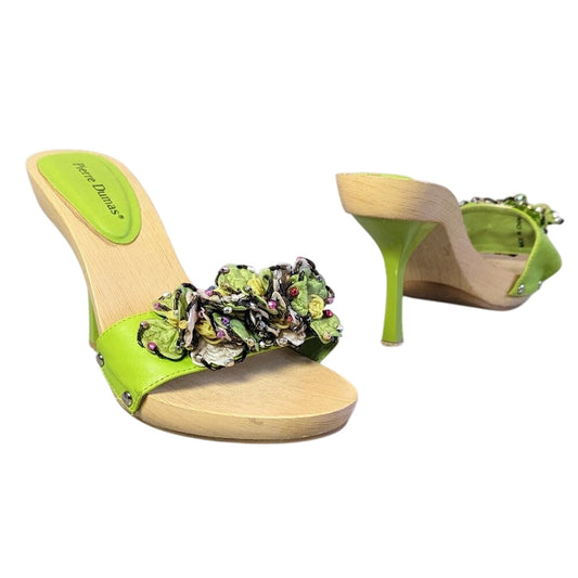 Pierre Dumas Vintage Y2K Lime Green Beaded Ruffle Sandals Slip On Heels Size 9