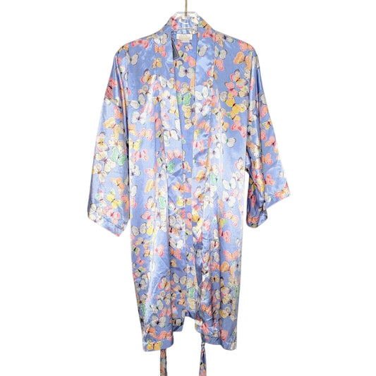 Vintage 90's Blue Satin Butterfly Pattern Tie Waist Robe Pastel Long Sleeve M