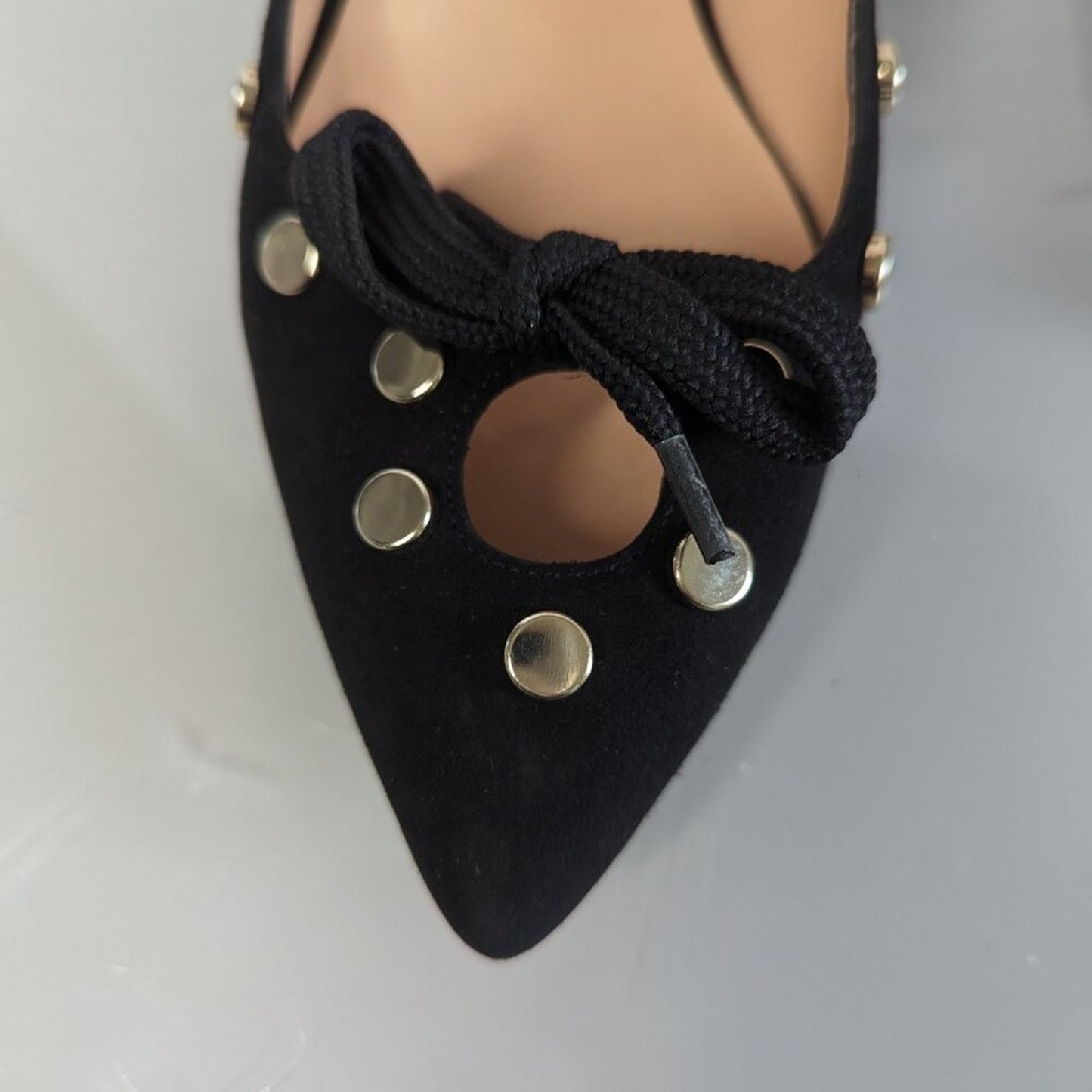 Anthropologie Hoss Intropia Black Pointed Toe Heels Gold Studs Cut Out Bows 37