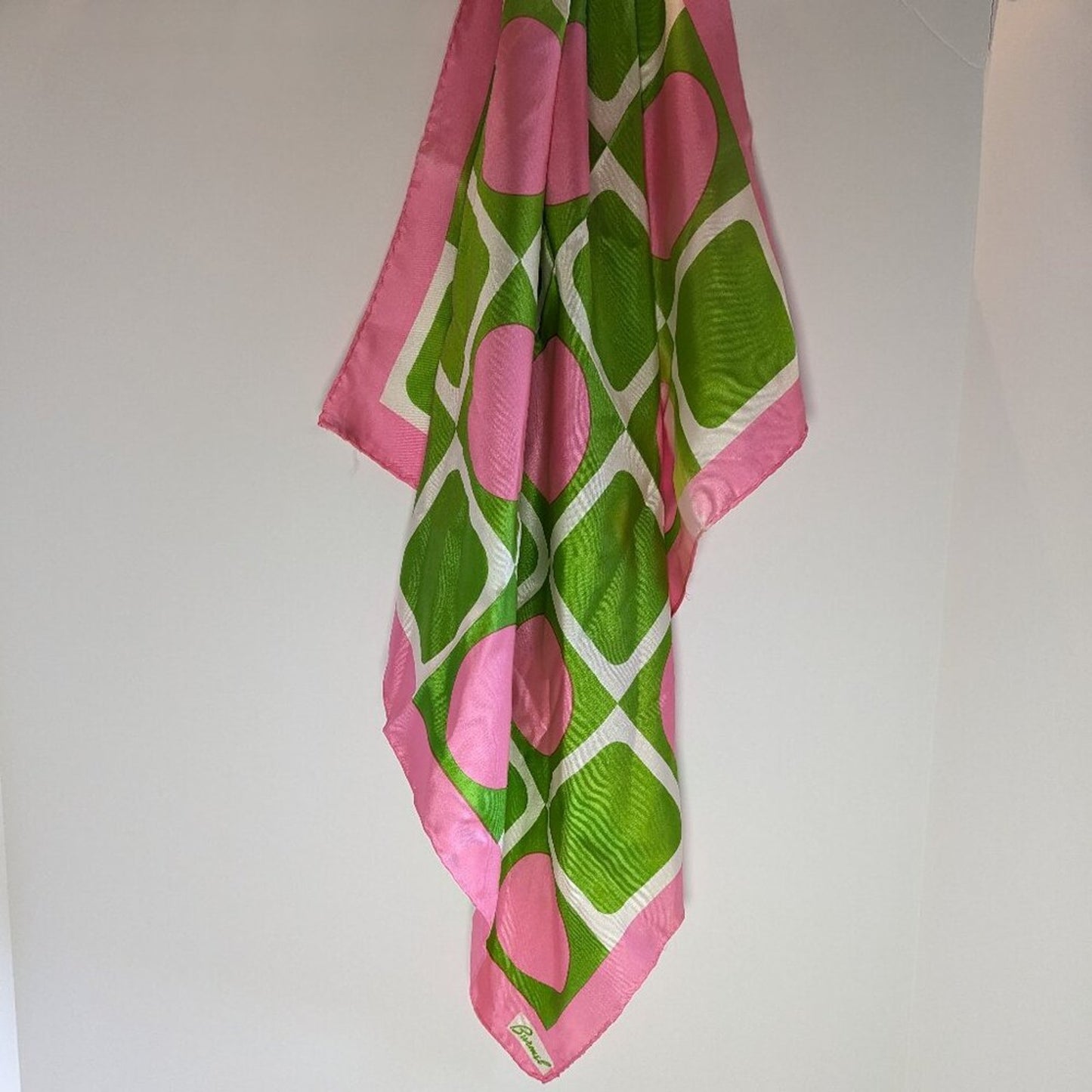 Vintage 60's Burmel Pink Green Geometric Print Silk Square Scarf Made in Japan