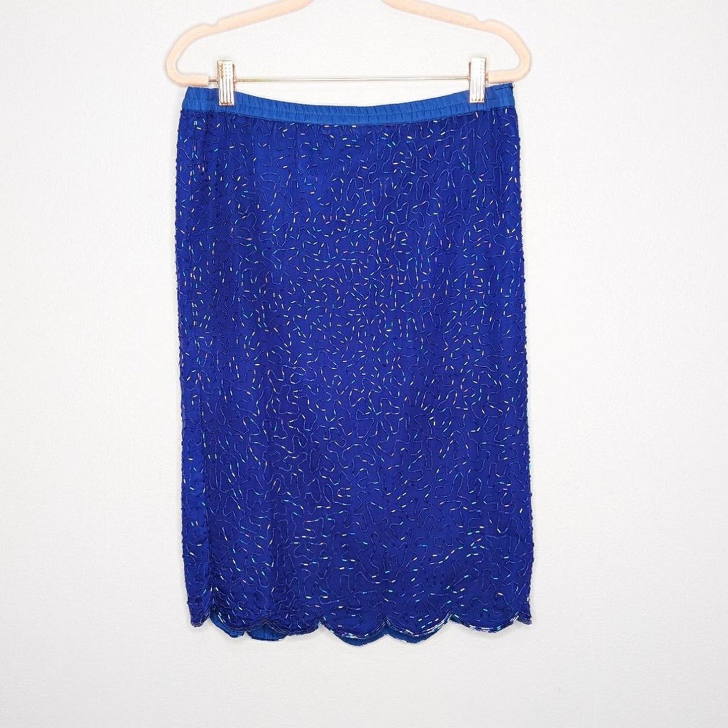 Vintage Stenay Blue Beaded Midi Silk Skirt Scalloped Edge Back Slit Size 8