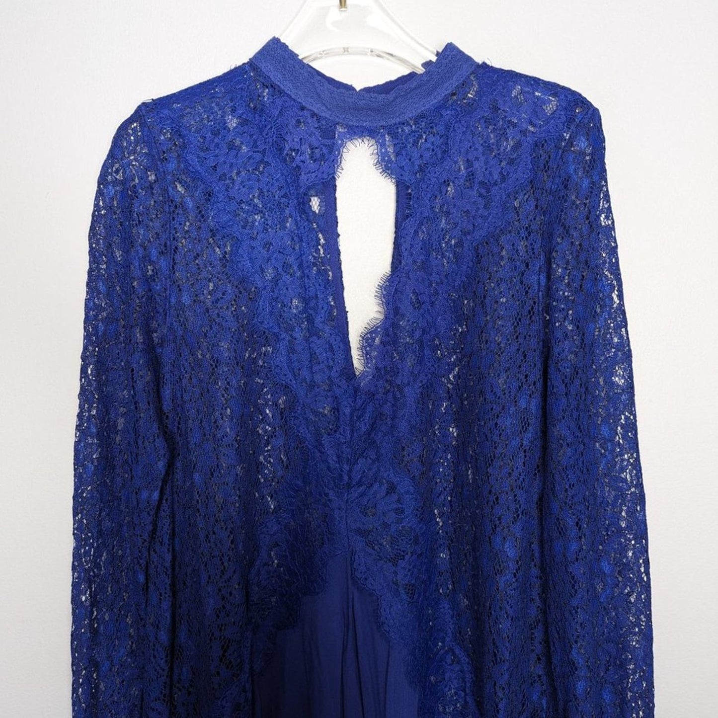 Free People Blue Tell Tale Tunic Dress Long Sleeve Sheer Lace Cutouts High Neck