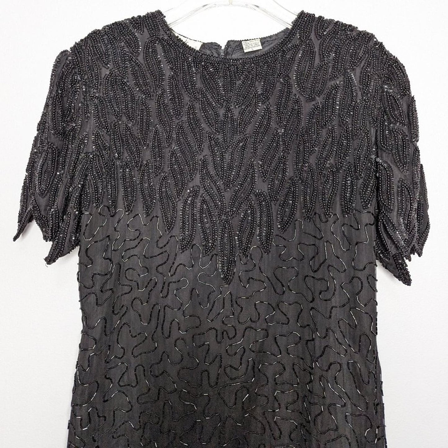 Laurence Kazar Vintage Black Beaded Sequin Party Dress Short Sleeve Silk Size L