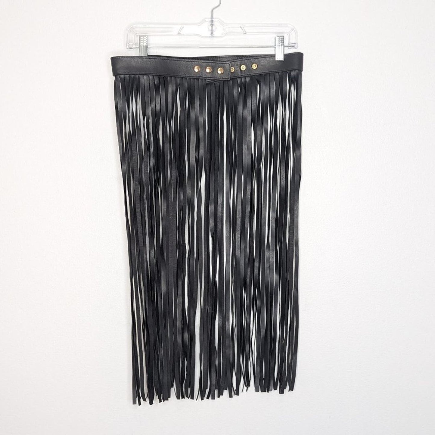 Faux Leather Black Long Fringe Belt Skirt Adjustable Snap Close Midi Length