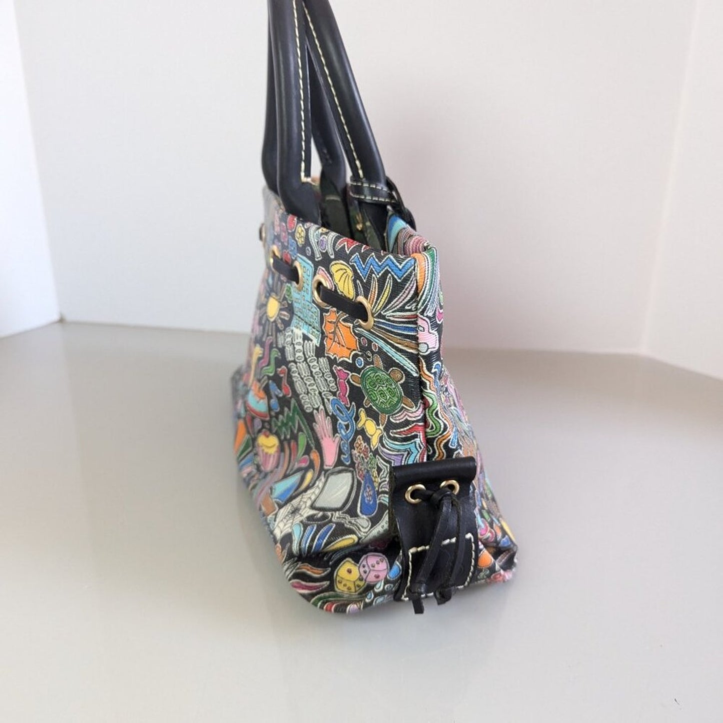 Dooney and Bourke Black I Love Shopping Tassel Tote Bag Whimsy Graphic Colorful