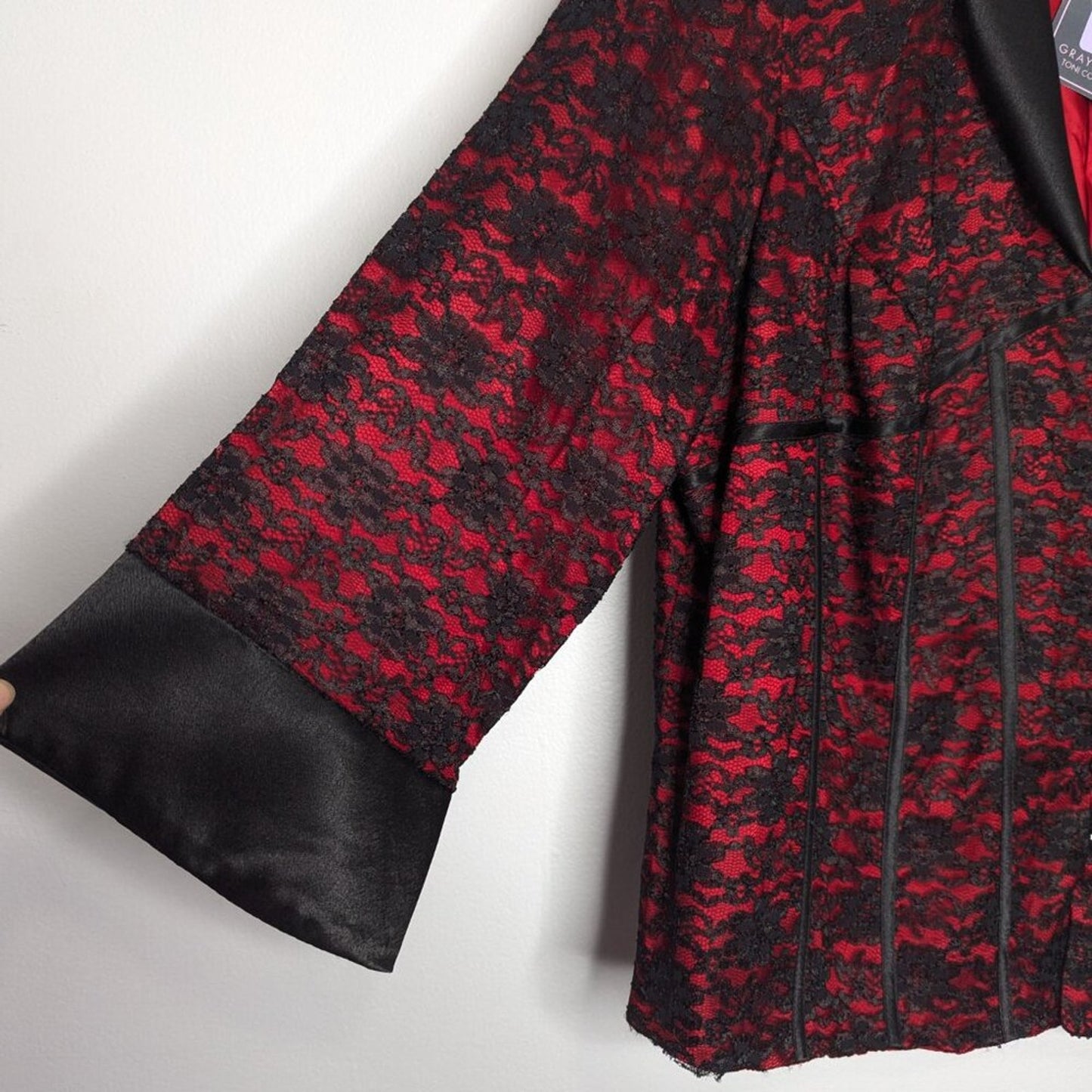 Vintage 90's JR Nites Red Black Lace Blazer Satin Trim Long Sleeve Goth Glam