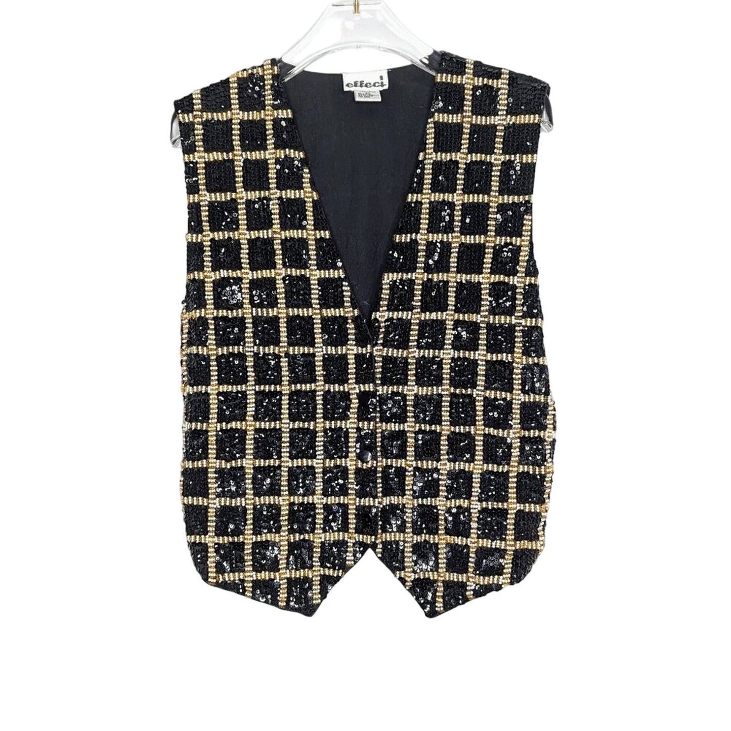 Effeci Vintage Black Gold Sequin Vest Square Pattern Pearls Beaded V-Neck Size L