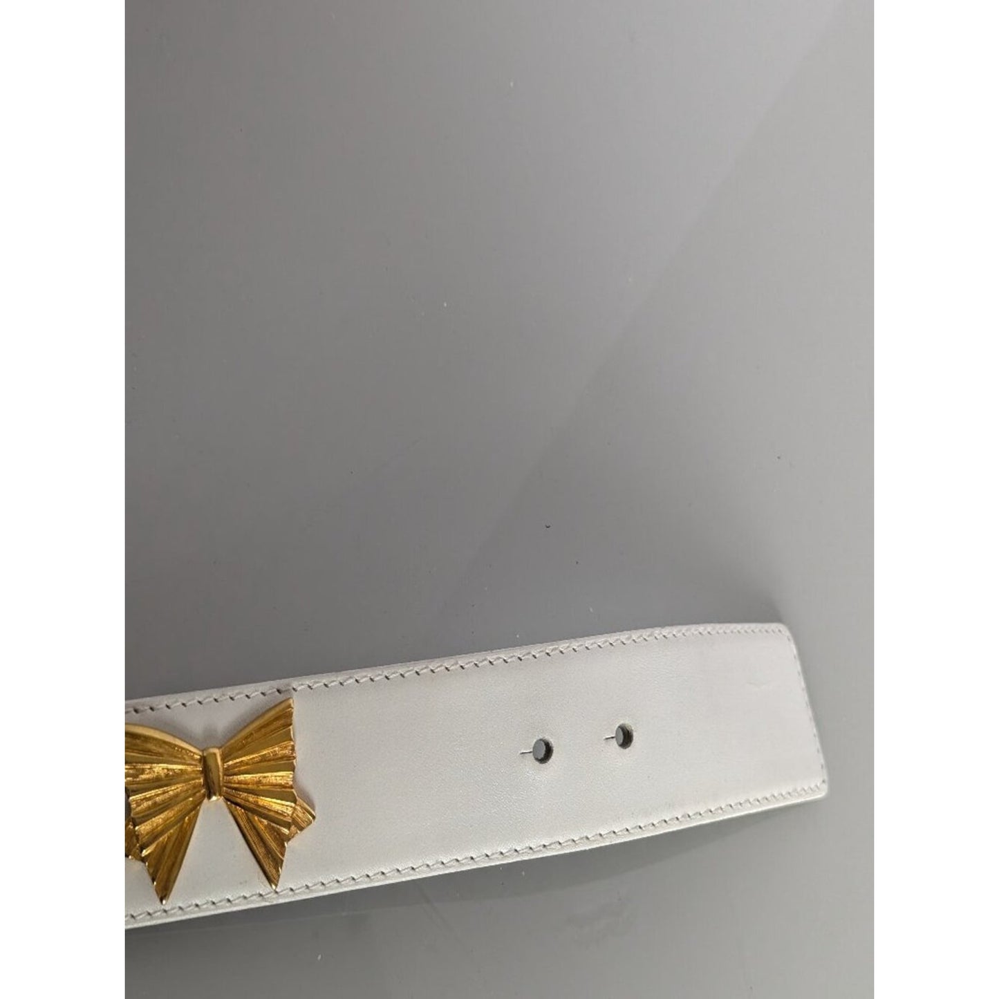 Escada Vintage White Leather Belt Gold Tone Bow Studs Bow Belt Buckle
