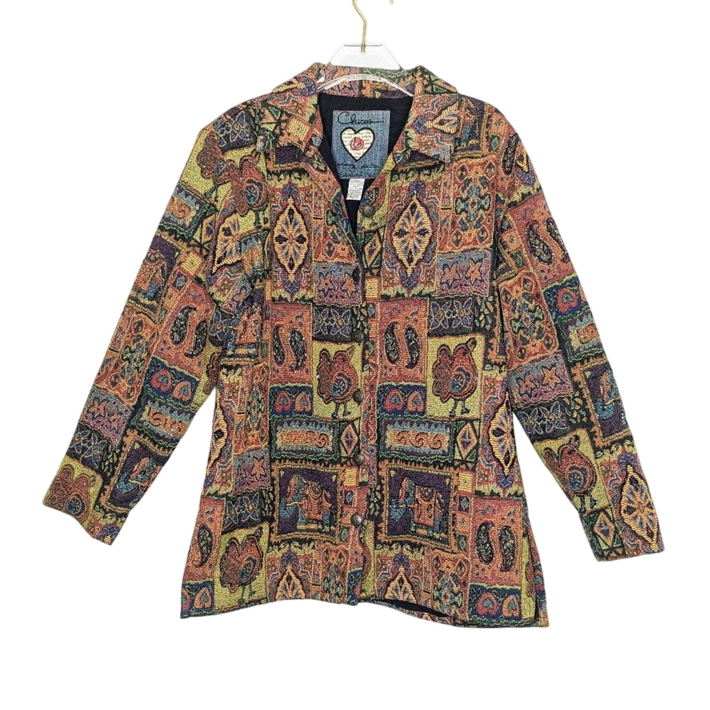 Chico's Vintage Anniversary Collection Beaded Tapestry Jacket Animals Hearts