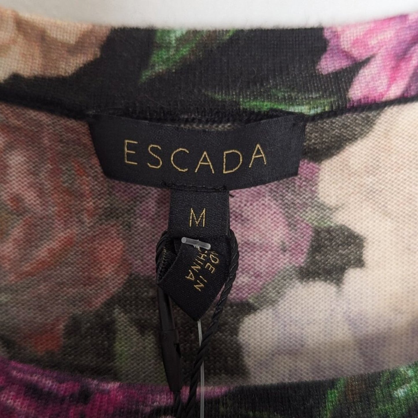 Escada Pink Floral Rose Print Short Sleeve Knit Top Wool Silk NWT Size M