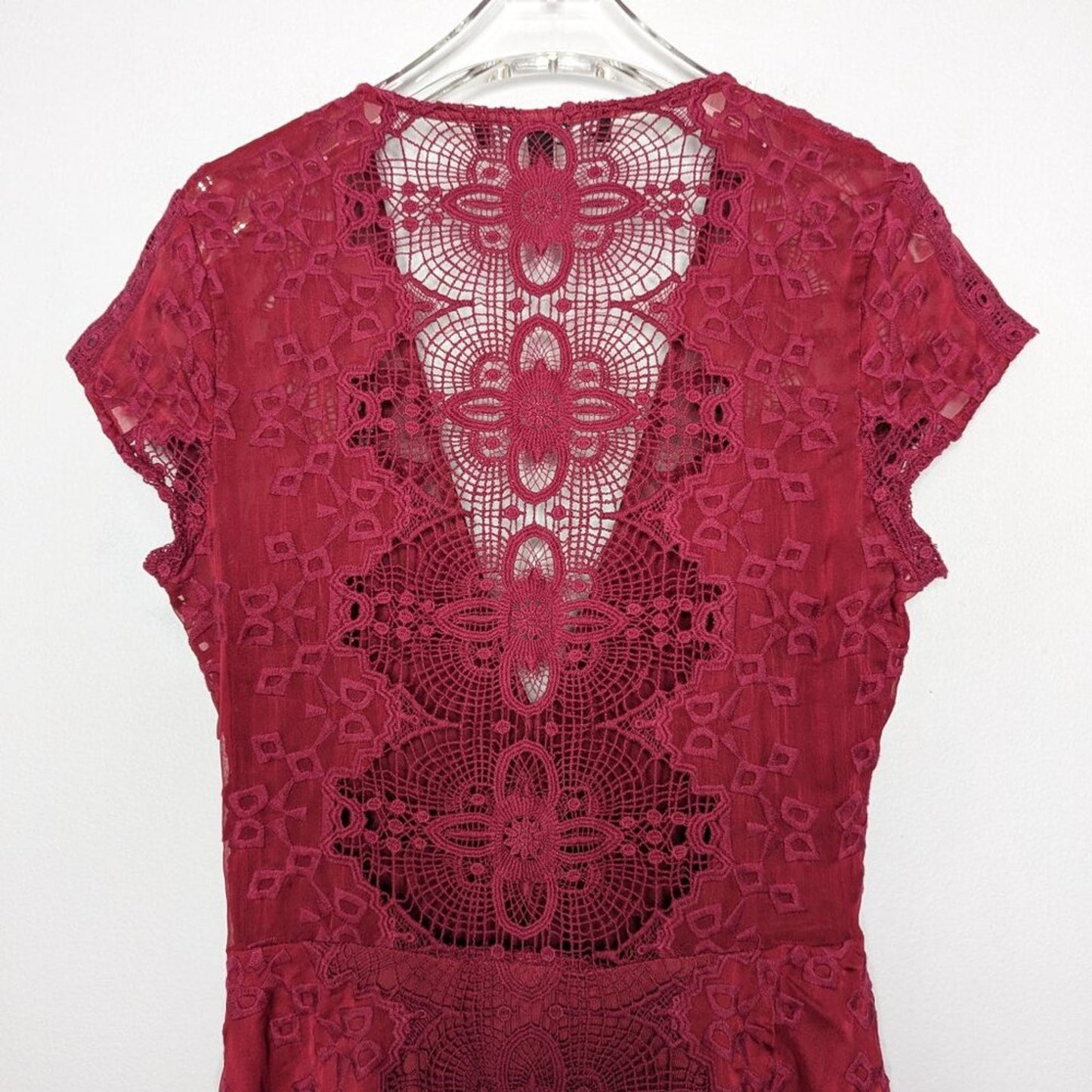 For Love And Lemons Burgundy Sienna Mini Dress Deep V-Neck Short Sleeve Lace M