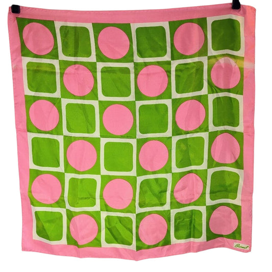 Vintage 60's Burmel Pink Green Geometric Print Silk Square Scarf Made in Japan
