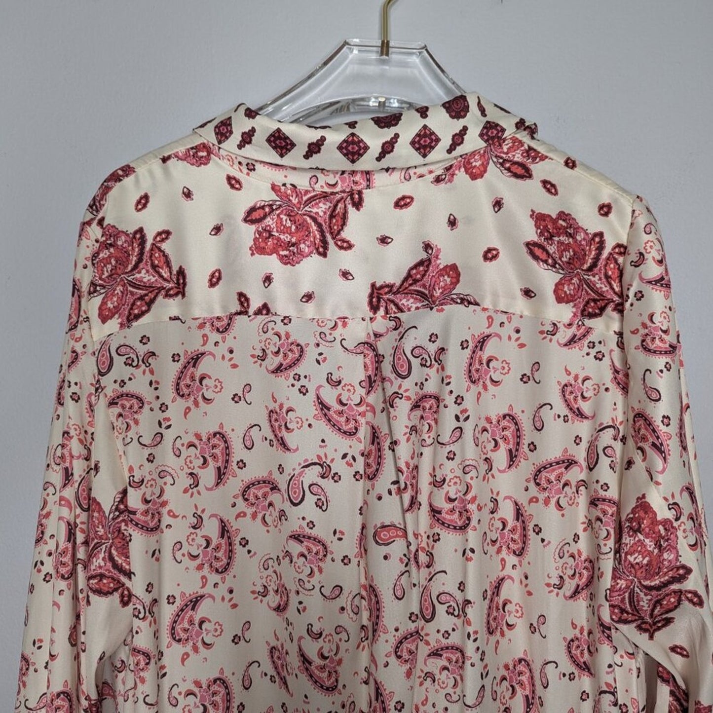 Free People Cream Red Sylvie Mini Dress Long Sleeve Paisley Print Button Up L