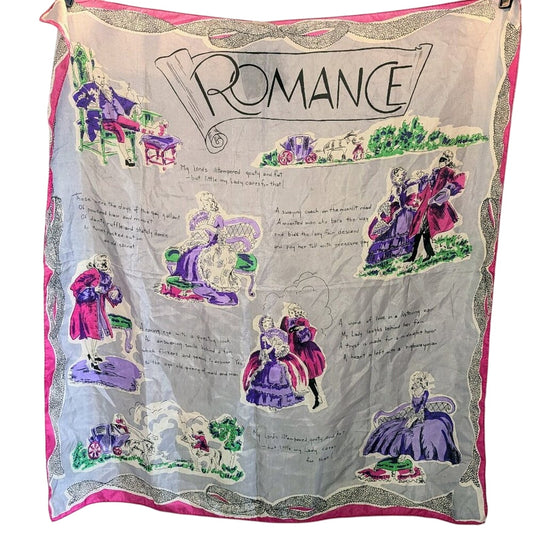 Vintage Gray Purple Silk Large Square Scarf Rococo Romance Imagery Rolled Edge