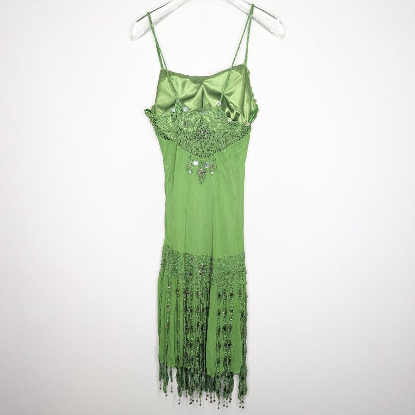 Sue Wong Vintage Green Silk Midi Dress Y2K Crochet Fringe Beaded Sleeveless 6