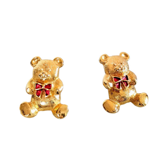 Vintage Avon Gold Tone Teddy Bear Ear Jacket Earrings Post Back Red Bow