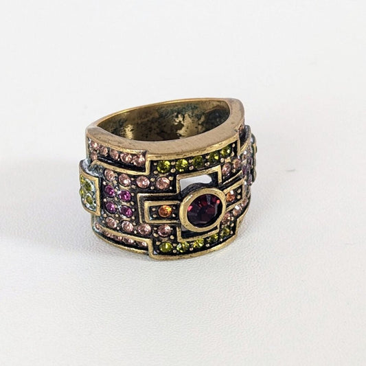 Heidi Daus Vintage Brass And Multicolor Crystal Statement Ring Size 7 Signed