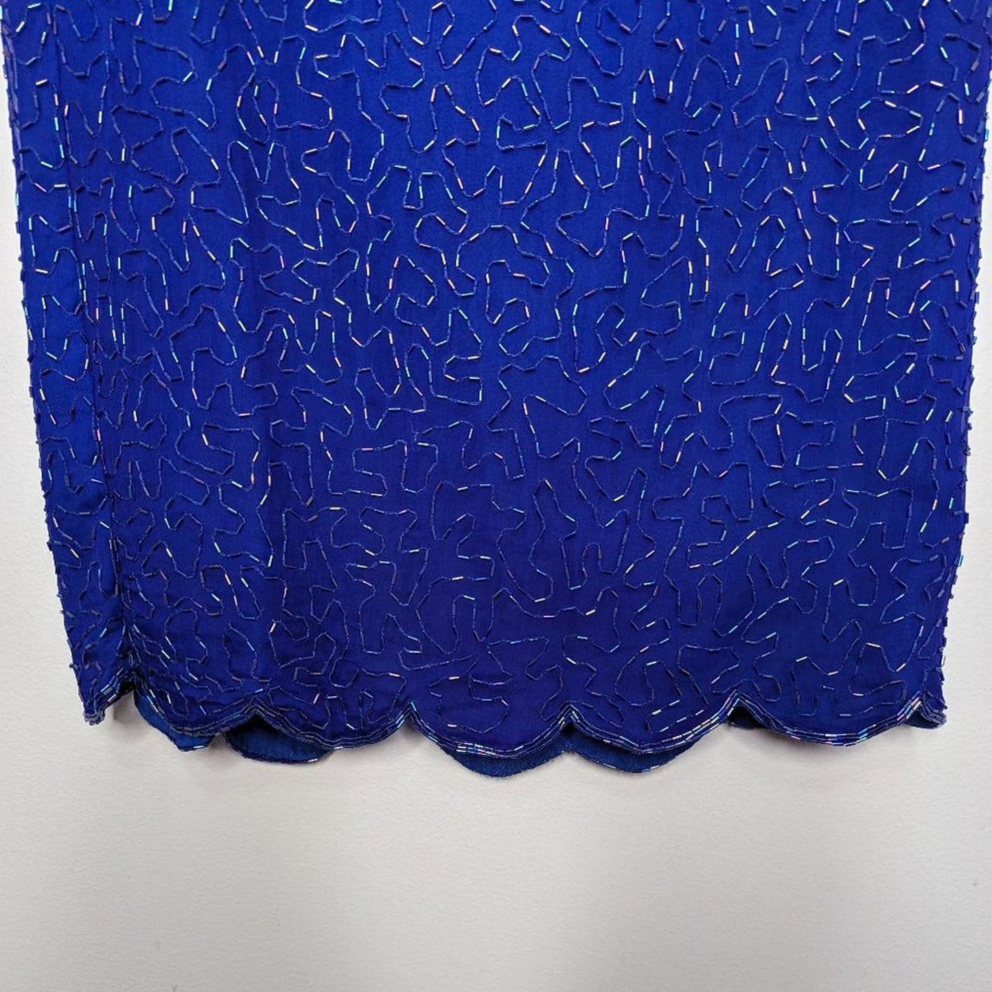 Vintage Stenay Blue Beaded Midi Silk Skirt Scalloped Edge Back Slit Size 8