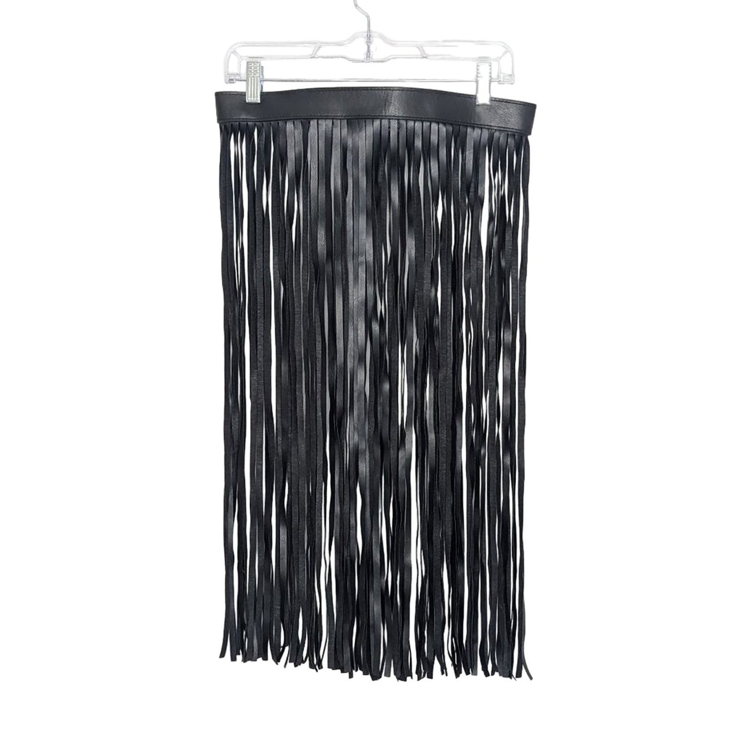 Faux Leather Black Long Fringe Belt Skirt Adjustable Snap Close Midi Length