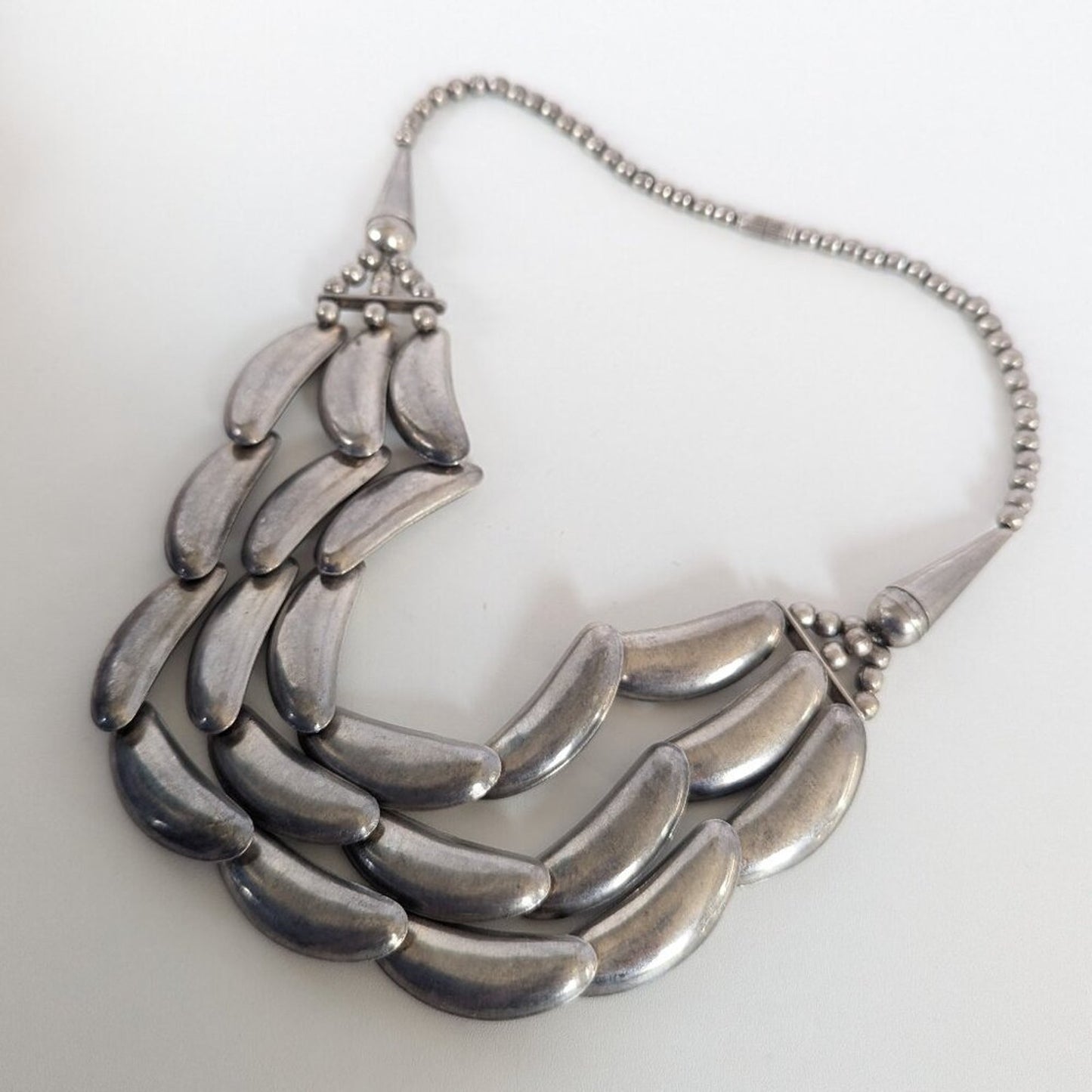 Vintage Statement Bib Necklace Triple Strand Silver-Tone Crescent Link