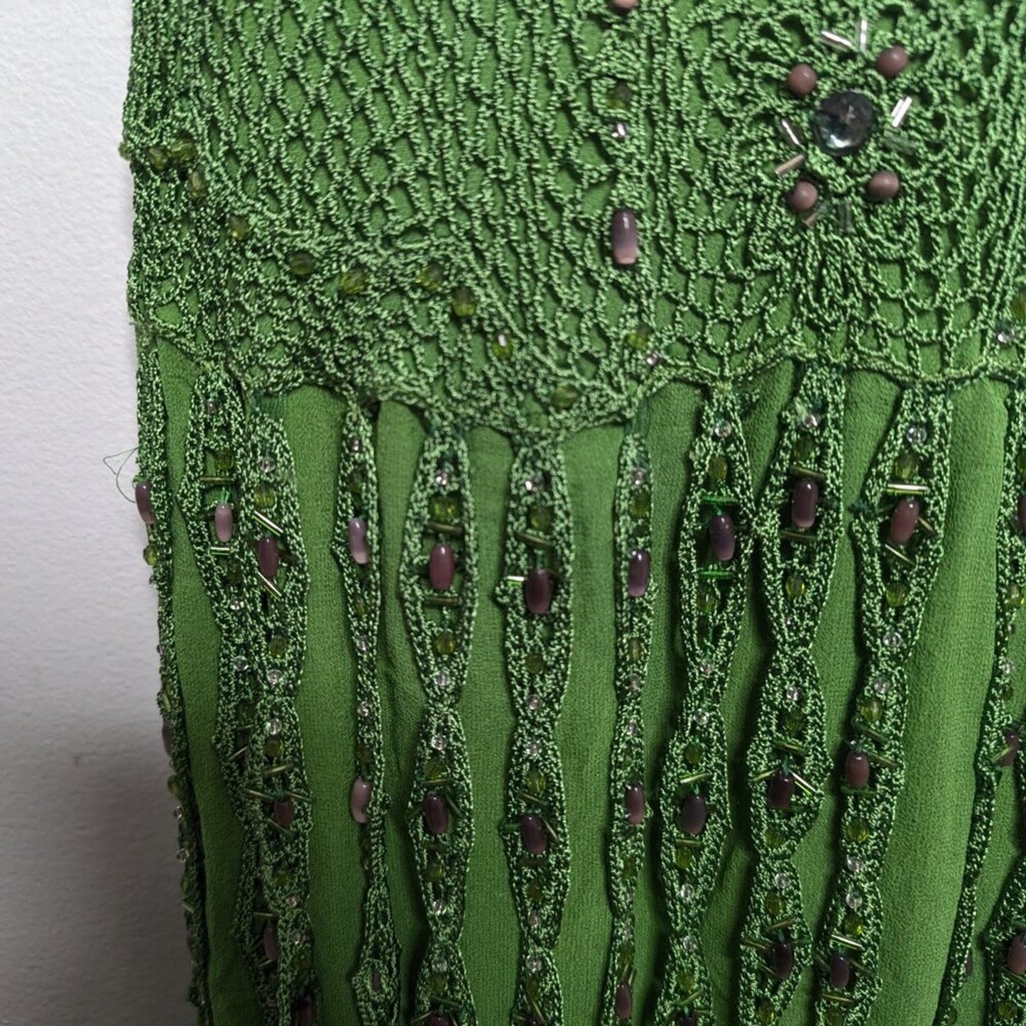 Sue Wong Vintage Green Silk Midi Dress Y2K Crochet Fringe Beaded Sleeveless 6