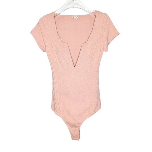 Free People Blush Pink Cap Sleeve Deep Conversation Thong Bodysuit V-Neck Size S