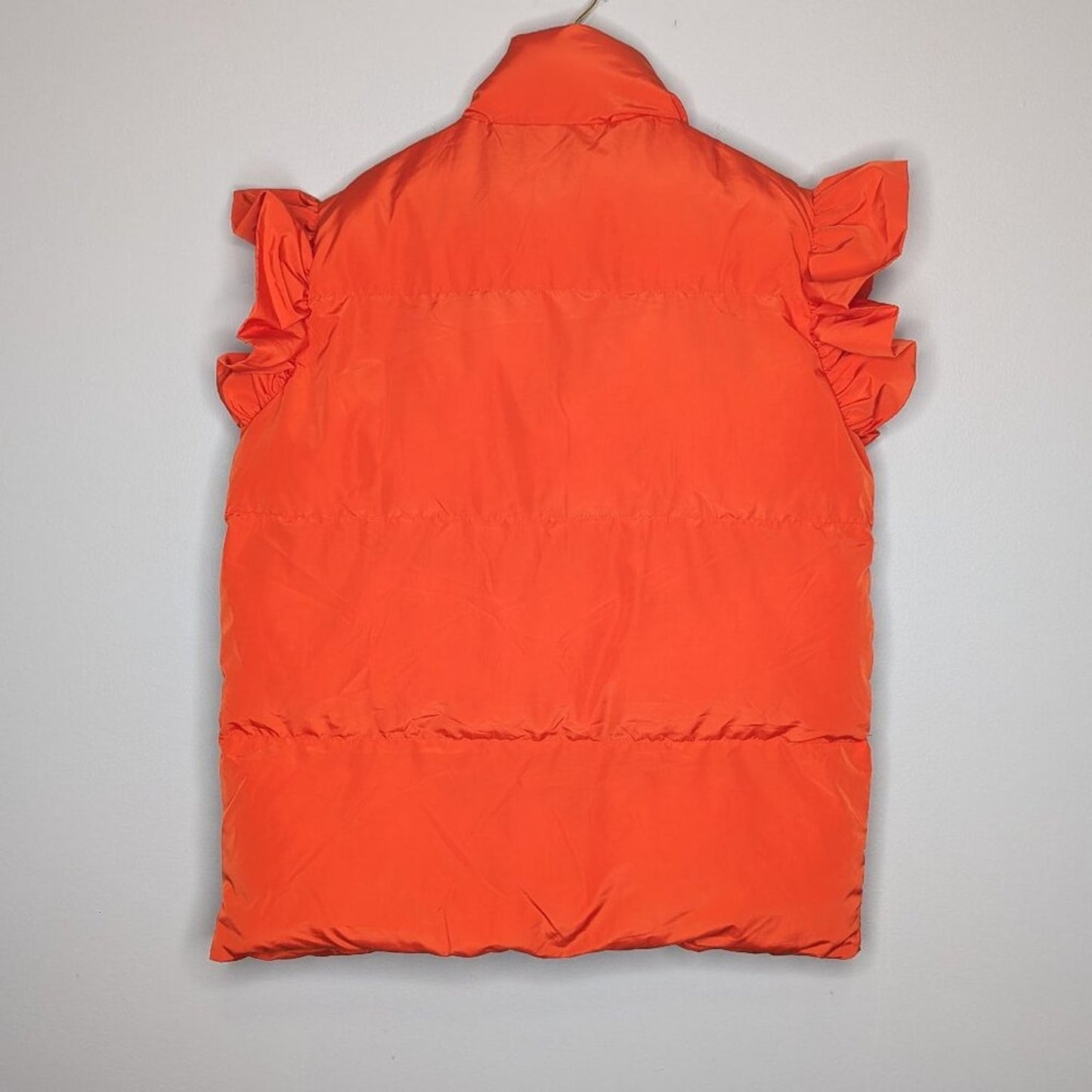 Bucket List Bright Orange Puffer Vest Ruffle Sleeve Pockets Snap Up High Collar