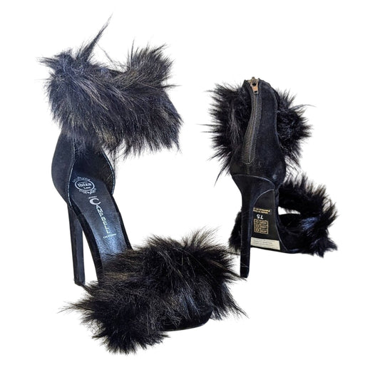 Jeffrey Campbell Black Faux Fur Cookie Heels Open Toe Stiletto Fuzzy Y2K 7.5