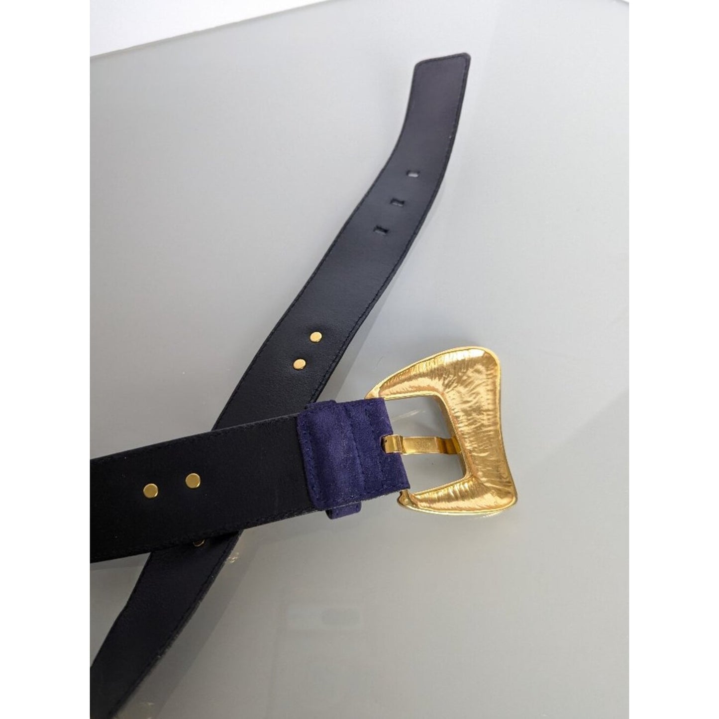 Escada Vintage Purple Suede Leather Belt Gold Tone Heart Studs 80s