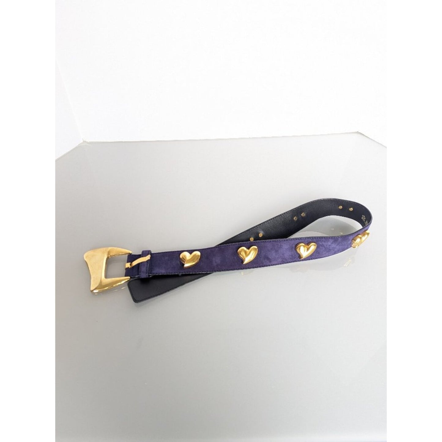 Escada Vintage Purple Suede Leather Belt Gold Tone Heart Studs 80s