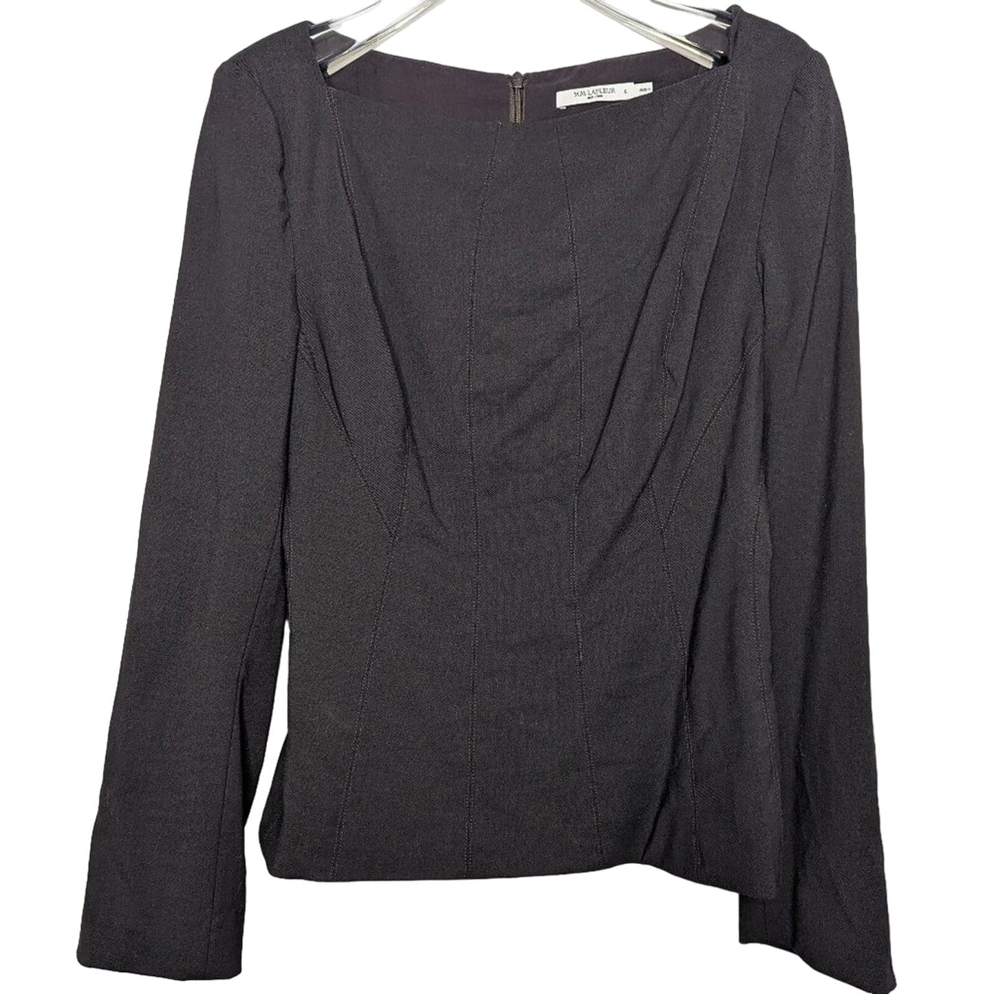 M.M. Lafleur Dark Gray The Rivka Top Washable Wool Twill Long Sleeve Square Neck