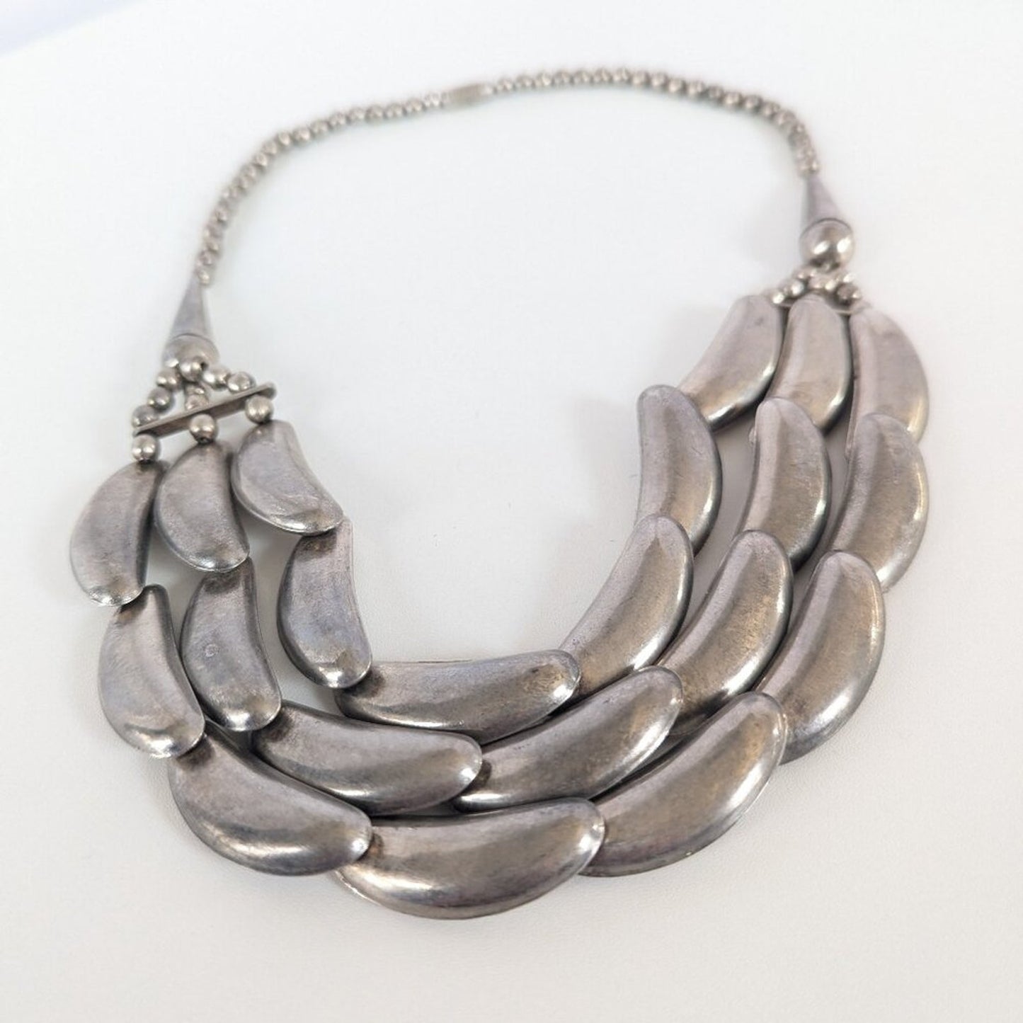 Vintage Statement Bib Necklace Triple Strand Silver-Tone Crescent Link